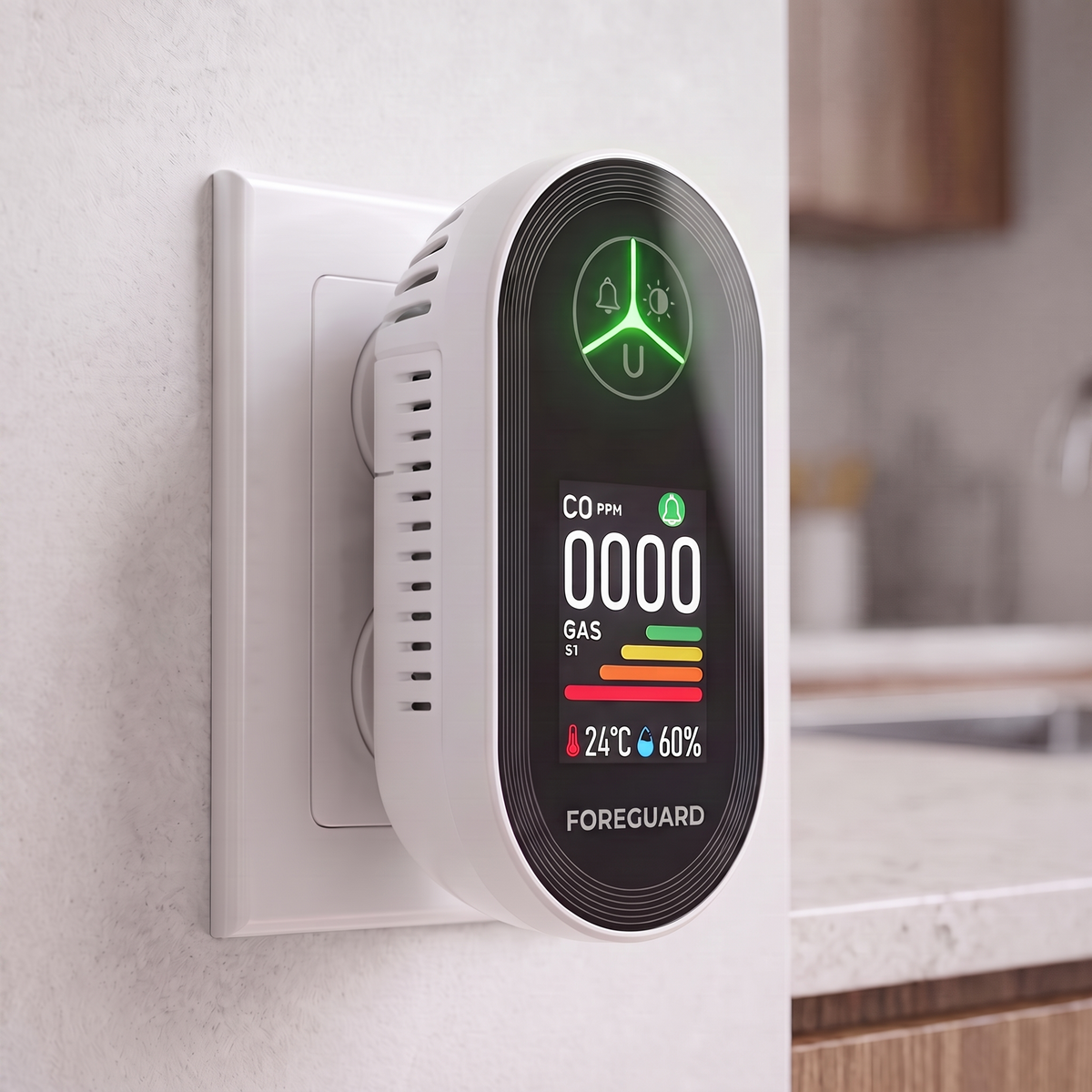 Foreguard plug-in carbon monoxide detector and monitor
