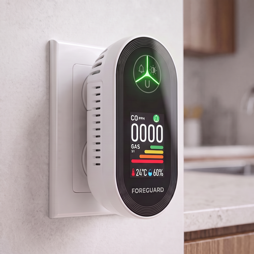 Foreguard plug-in carbon monoxide detector and monitor with colour display